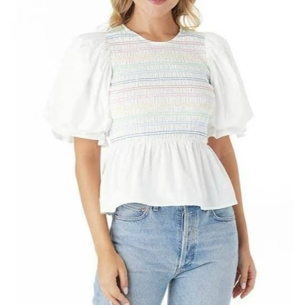 Crosby by Mollie Burch Sloan Rainbow Smocked Peplum Top White Small S